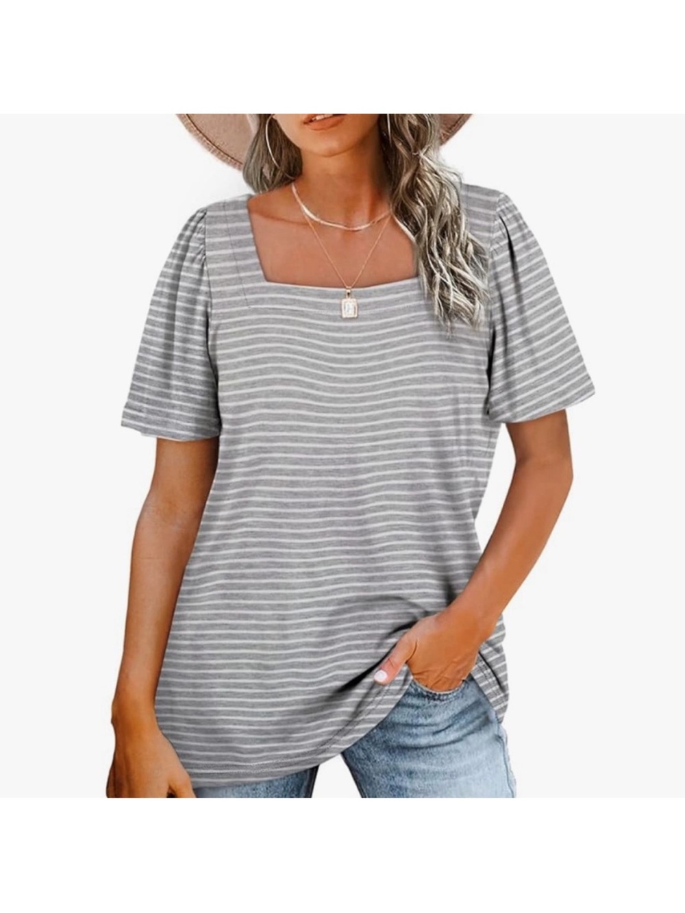 Striped Square Neck Short Sleeve Tee in Gray